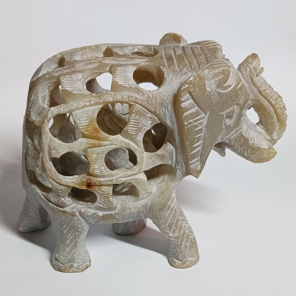 4" Hand Carved Soap Stone Elephant Figure With baby Inside